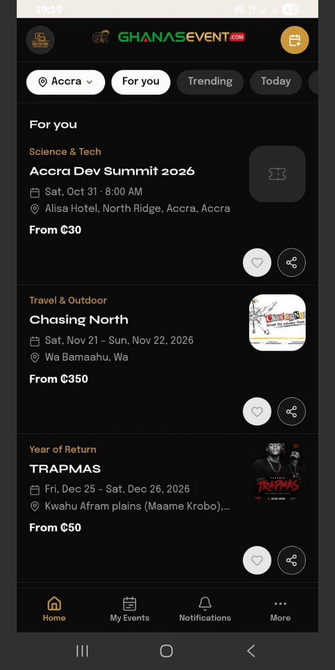 Ghanas Event Mobile App - Home (dark)