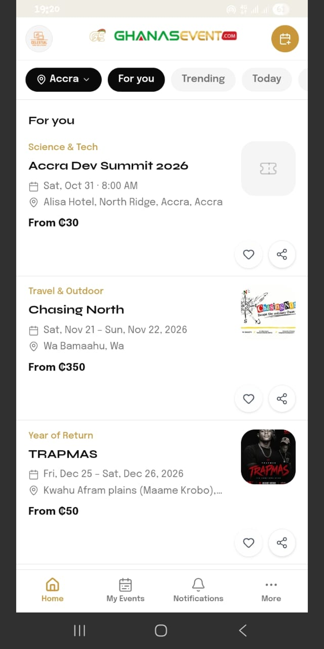 Ghanas Event mobile app home screen
